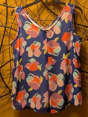 JM Studio by John Meyer Floral Sleeveless V-Neck Top - Blue & Pink (Size Small)